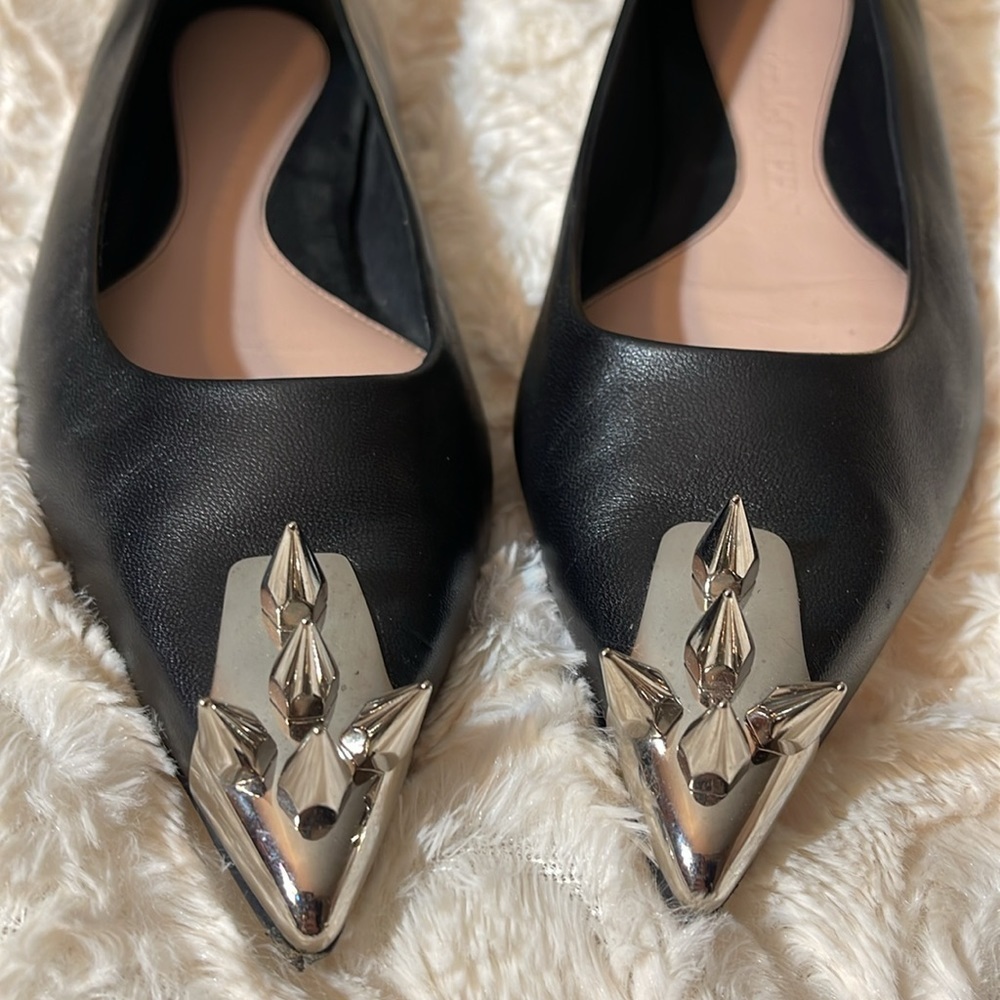 Alexander McQueen Black Leather Point Toe Flats with Silver Punk Spike Accents